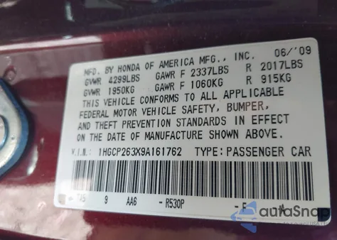 2009 Honda Accord 2.4 Lx from USA, damaged, VIN 1HGCP263X9A161762